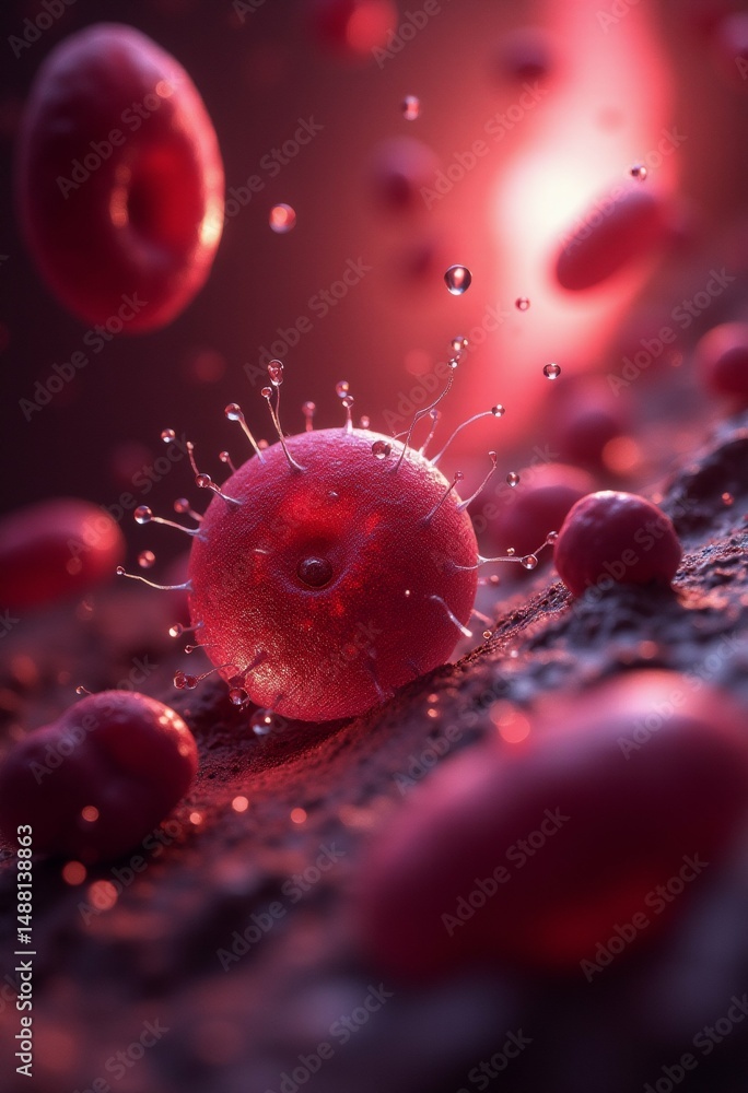 Poster close group red blood cells cells arranged scattered manner overlapping center large round red cell 
