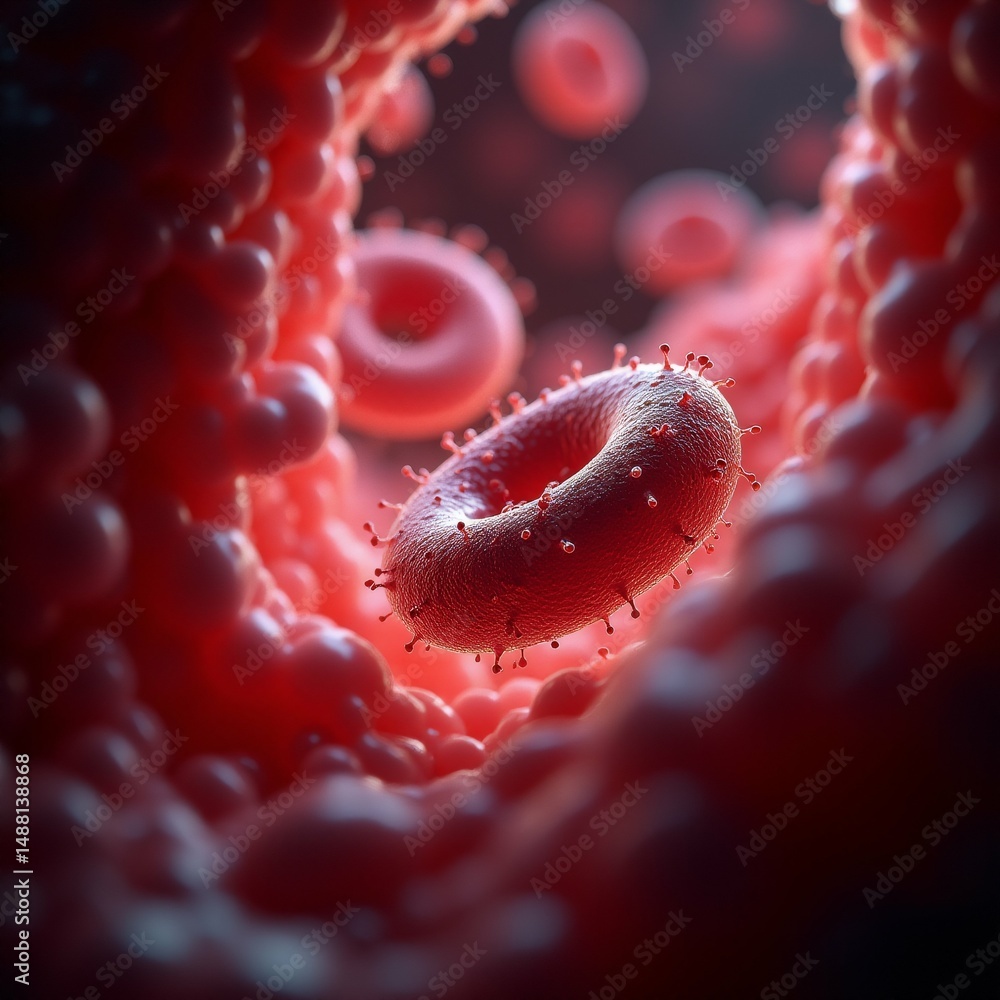 Poster close group red blood cells cells arranged circular pattern overlapping center small circular struct