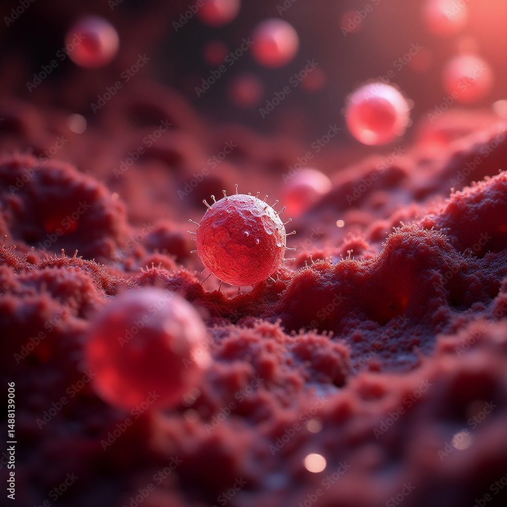 Poster close group red spheres dark background spheres spherical shape appear shiny metallic material arran