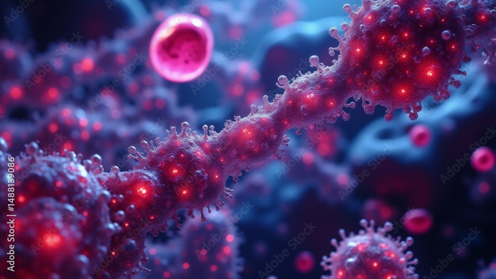Poster close group red spheres which appear microscopic organisms spheres arranged way overlapping creating