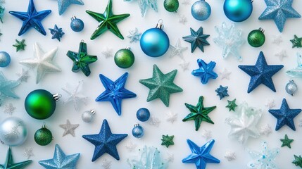 Festive holiday arrangement with vibrant stars and ornaments on white backdrop