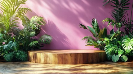Obraz premium Empty wooden platform with lush greenery and purple background