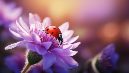 red ladybug on a purple flowers beautiful insects in nature