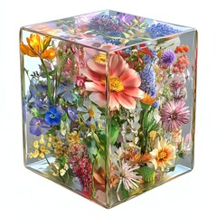 Colorful flowers preserved in a clear cube, showcasing nature's beauty.