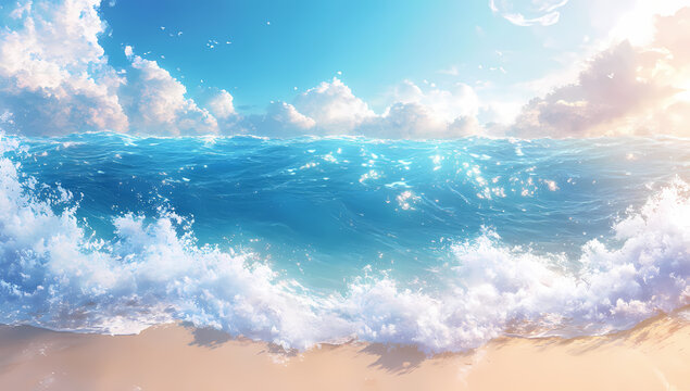 Serene ocean waves gently rolling onto a sandy shore under a bright, sunny sky. The tranquil scene is captured in soft, pastel colors, evoking a sense of calm and peace.