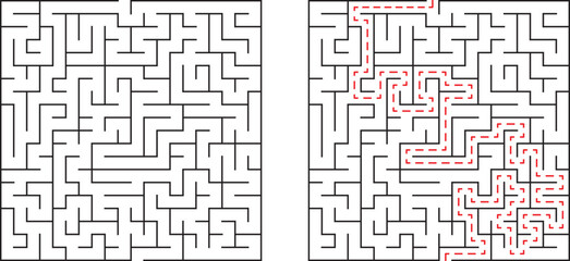 Complex maze solved showing the path through a challenging puzzle with red lines