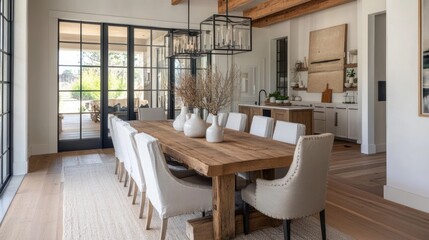 Sophisticated dining room interior with rustic wood table and modern chandelier