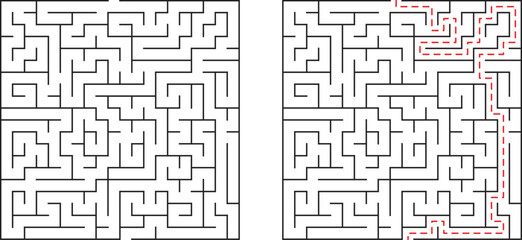Challenging maze puzzle with solution path highlighted in red and white background.