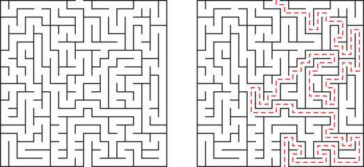 Maze with solution path shown illustrating problem solving and strategic thinking concepts