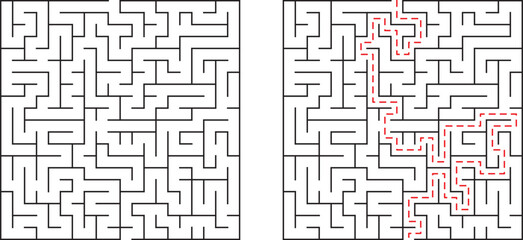Complex maze with a solved path depicted in red for problem solving and direction
