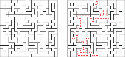 Complex maze challenge with marked solution illustrating pathfinding and problem solving