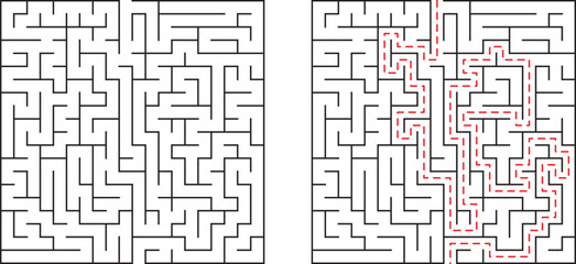 Complex maze game illustration with solution path highlighted in red dashed lines