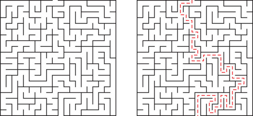 Maze puzzle with solution path illustrated demonstrating problem solving and strategy concepts