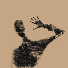 illustration of mysterious man behind glass surface, creepy abstract concept