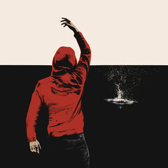 Minimalistic Illustration of a Man in a Red Hoodie Throwing a Stone into Dark Water, Creating Symbolic Ripples of Reflection and Solitude