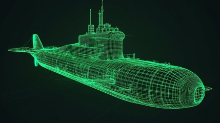 3D model of a submarine in green wireframe on a black background