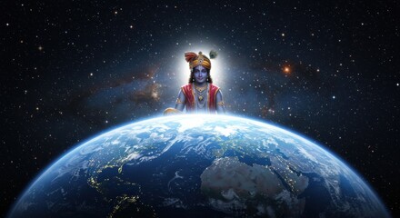 Naklejka premium Divinity Over the Earth Celebrating Cosmic Spiritual Connection in a celestial setting with a cosmic deity overlooking the planet from space