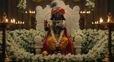 Intricate Lord Krishna Idol During Traditional Religious Ceremony with Floral Decorations and Candle Lighting