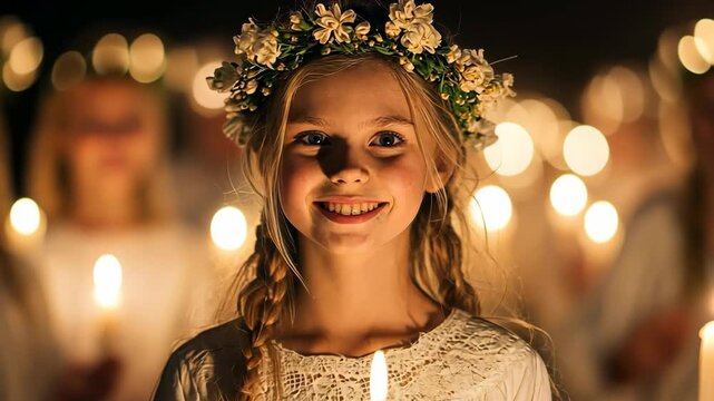 Smiling Girl with Candle at Lucia Festival
