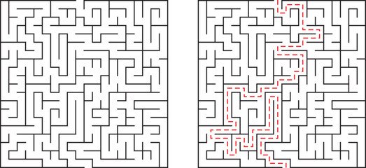 Complex black and white maze with solved path representing problem solving strategy