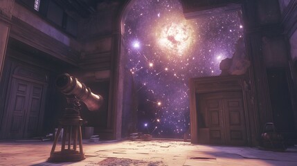 Stargazer observing multiverse through ancient telescope constellations forming portals and paths featuring historical fantasy meets science