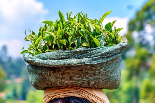 A worker in the Munar tea plantation of India carries tea leaves in a bag