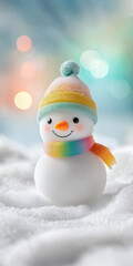 Obraz premium Cheerful snowman with colorful scarf in snowy landscape winter festive holiday decoration joyful scene