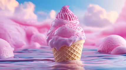 A pink ice cream cone melted popsicle in the liquid metallic
