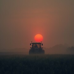 Fototapeta premium tractor middle field sun setting background sky beautiful orange color sun partially obscured thick layer fog tractor black appears motion its front end facing towards right side field vast green