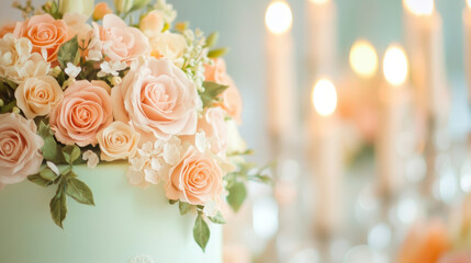 Obraz premium Elegant wedding cake with delicate floral decorations and soft candlelight ambiance