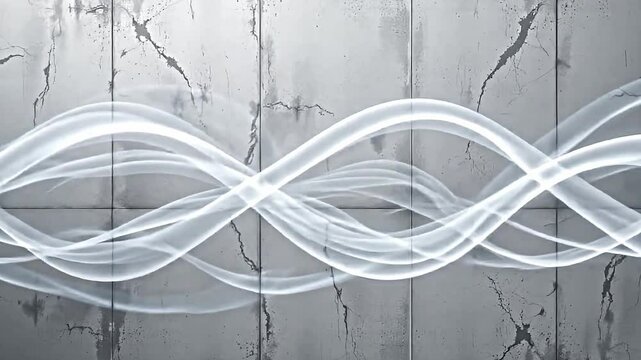 sinuous glowing white lines against a textured grey and white background, showcasing intricate patterns of movement and light, suitable for high concept digital designs and cinematic video edits