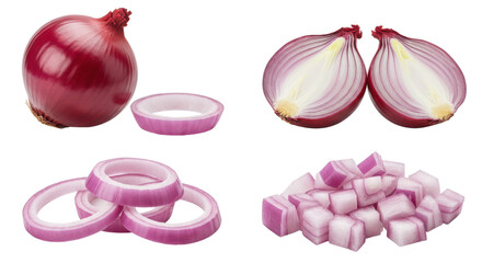 Red onion sliced, diced, and whole isolated PNG with Transparent Background