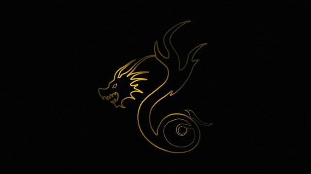 Elegant golden dragon animation with a sleek, outlined design. Serpentine curves and fierce expression on a dark backdrop evoke power, mystery, and fantasy in a minimalist style.
