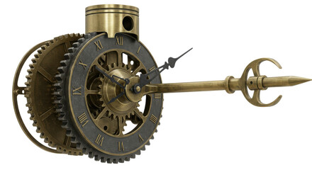 Obraz premium Steampunk brass clockwork mechanism with gears and roman numeral dial isolated