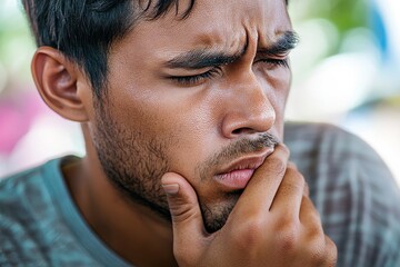 Fototapeta premium Man with hand on cheek expressing discomfort and pain with furrowed brow and eyes closed tightly