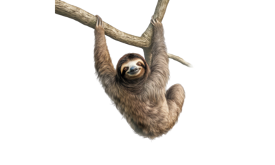 Sloth hanging from a tree isolated on transparent white background