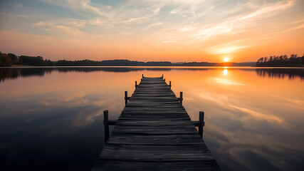 Fototapeta premium Serene Sunset over Calm Lake with Wooden Dock