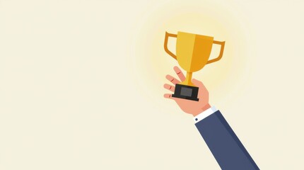 Flat design illustration. A hand grasps and elevates a trophy cup, presenting it against a clear backdrop. Concept of victory and awards.