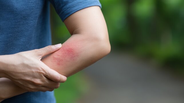 Close up of red mosquito bite on a human arm with person rubbing and scratching the irritated skin outdoors in the park, representing insect sting, summer itch, allergic reaction, and skin discomfort