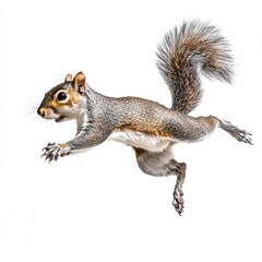Flying squirrel in mid air with fluffy tail isolated on white background