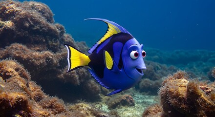 Fototapeta premium Cartoon Blue Fish in Ocean with Coral Reef