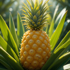 Fototapeta premium A perfectly ripe pineapple with golden yellow skin and sharp, green leaves, sunlight streaming through the leaves,