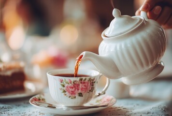 Fototapeta premium The image features a teapot and white cup, with the teapot being poured into a pot on a saucer in soft focus, set against a blurred background, capturing the warm atmosphere of a coffee or tea house