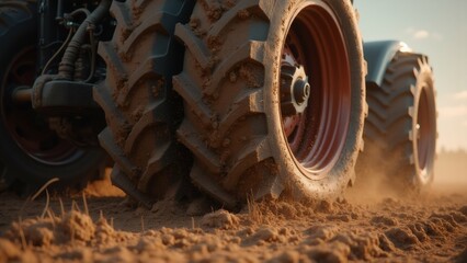 close tractor tire dirt field tire large has tread pattern clearly visible rim tire red appears metal tractor moving high speed evidenced dust dirt around background blurred seems sunny day clear