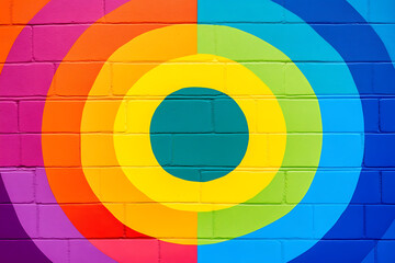 Vibrant concentric circles painted on a brick wall. The design adds a pop of color and modern flair to the urban landscape, creating a focal point.