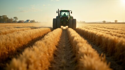 Fototapeta premium tractor middle field tractor green black color driving dirt road field vast stretches out into distance rows golden wheat stalks either side sky blue sun shining brightly casting warm glow over scene