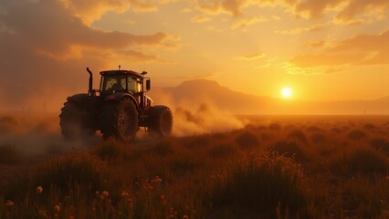 tractor middle field sunset tractor red black color moving towards right side sky orange yellow sun setting background field covered tall grass wildflowers trail dust behind tractor distance