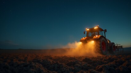 Fototapeta premium tractor plowing field night tractor orange color has large front wheel driving dirt field plow attached sky dark blue horizon visible distance plow emitting cloud orange smoke moves across field