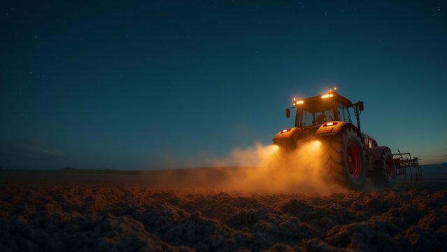 Fototapeta tractor plowing field night tractor orange color has large front wheel driving dirt field plow attached sky dark blue horizon visible distance plow emitting cloud orange smoke moves across field