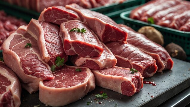 a close up of a bunch of meat on a cutting board, pork meat, juicy, raw pork, great quality, meat factory, meats on the ground, very high quality, excellent quality, food texture
